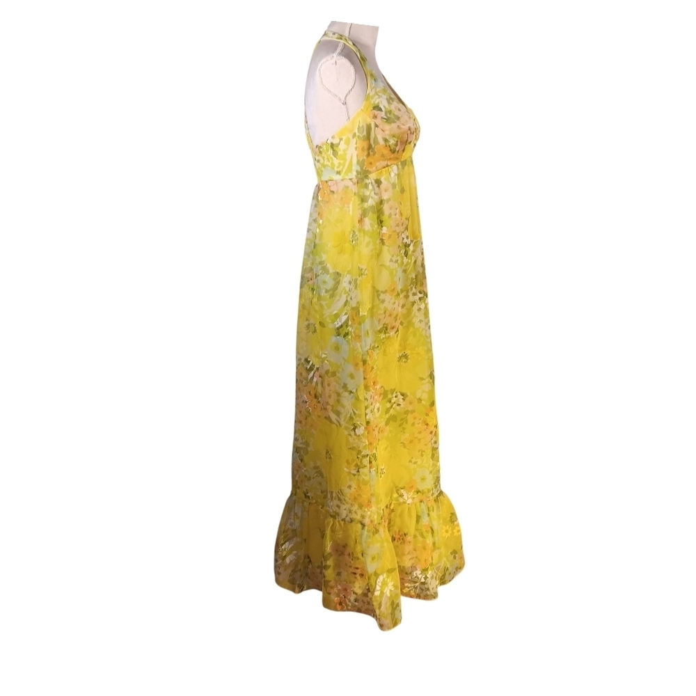 Vintage 1960s Floral Halter Prom Evening Gown With Taffeta Lining - Picture 5 of 10